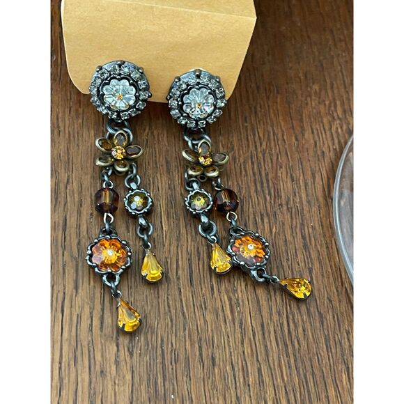 Vintage Women Boho Flower Amber Gemstone Rhinestone Long Dangle Earrings Clip - Picture 1 of 9